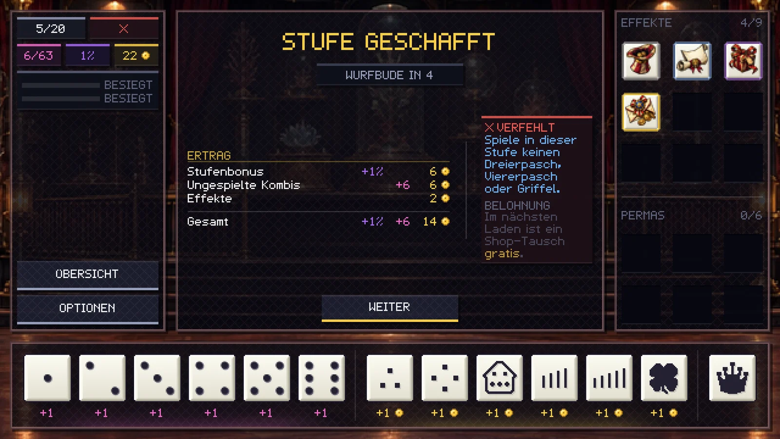 Stufe geschafft: die Abrechnung mit Stufenbonus, ungespielten Kombis und Effekten.