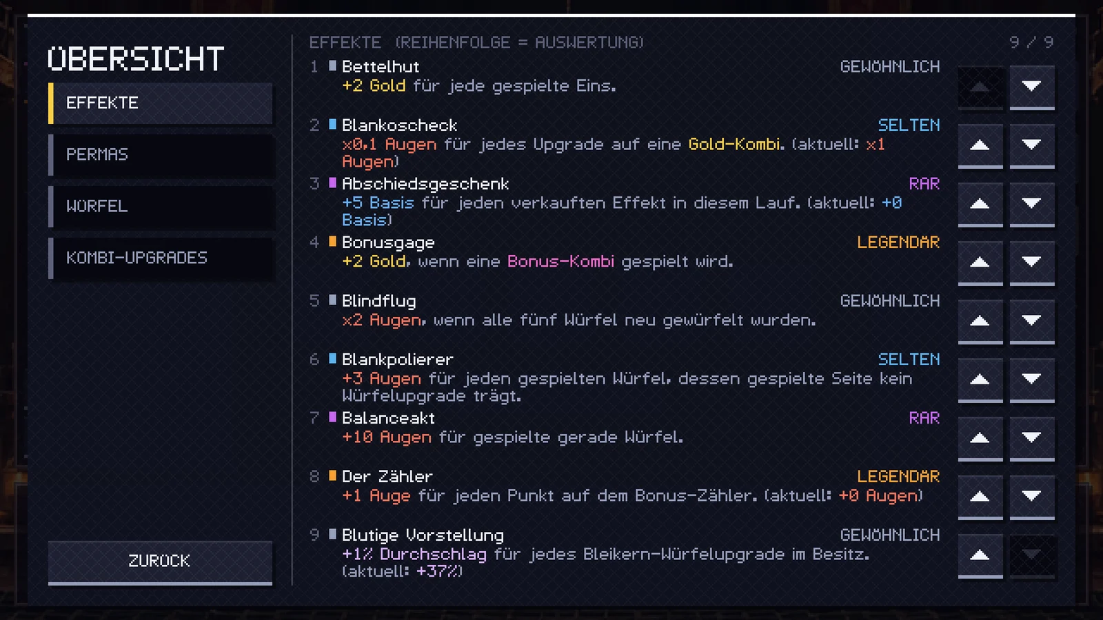 Die Übersicht mit allen Effekten in ihrer Reihenfolge.